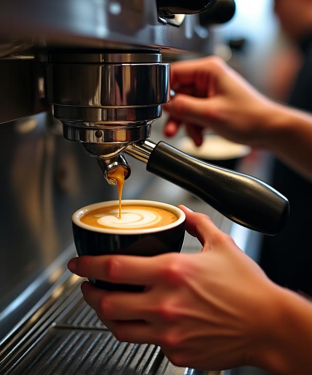 Ein Barista bereitet sorgfältig einen Cappuccino mit einer professionellen Espressomaschine zu.