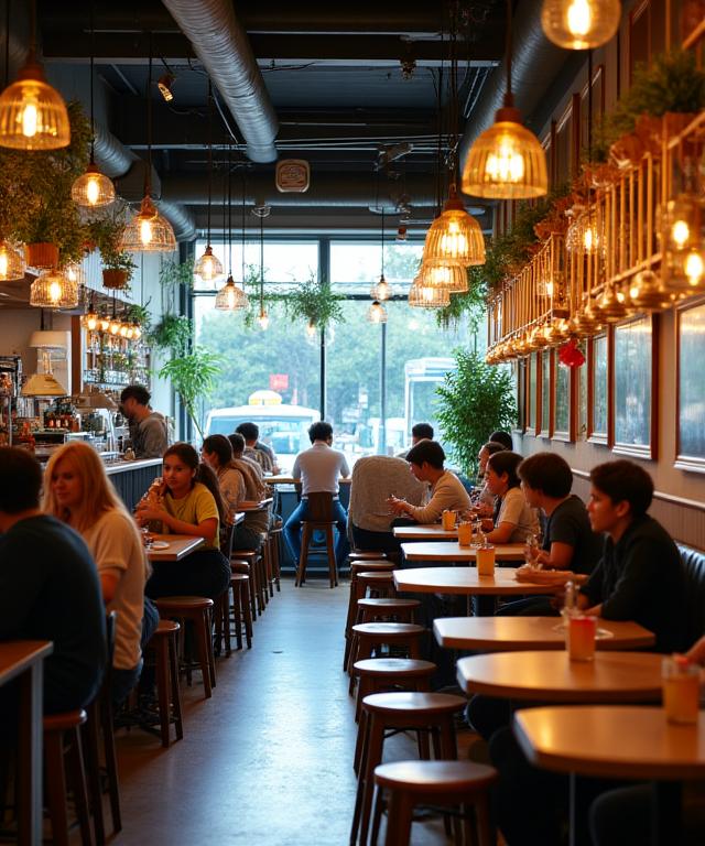 Gesamtansicht des Café-Innenraums mit Gästen an Tischen.