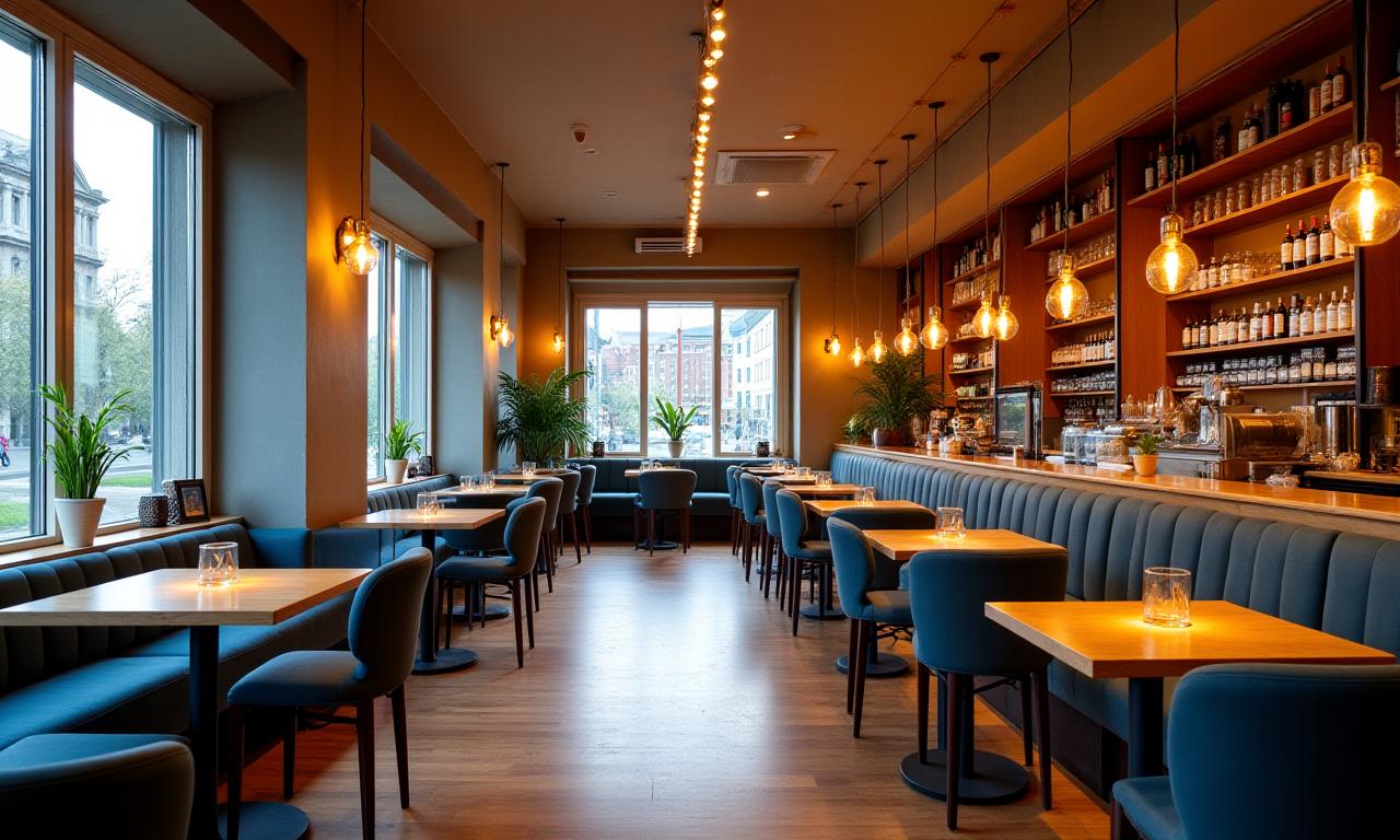 Elegantes und einladendes Interieur des Café Étoile mit warmem Licht.