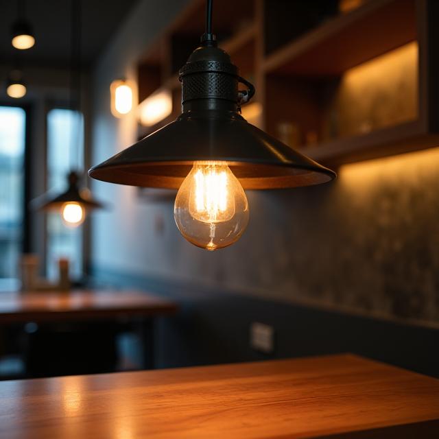 Detailaufnahme einer stilvollen Industrielampe über einem der Tische.