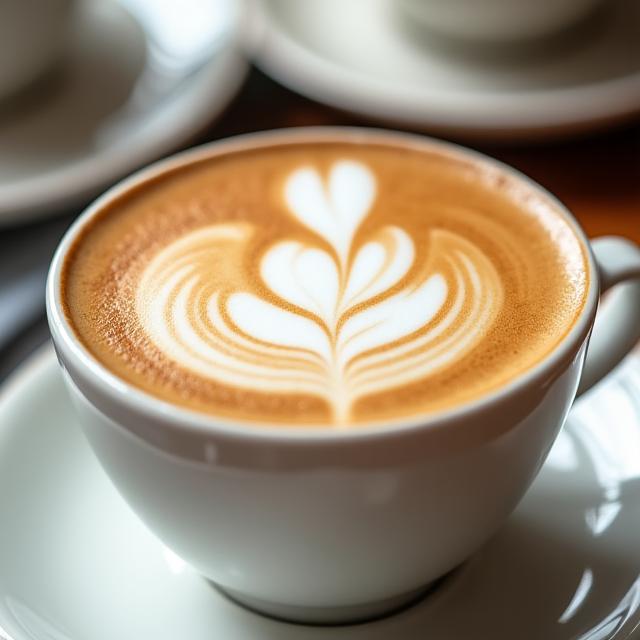 Nahaufnahme einer Tasse frisch gebrühten Kaffees mit kunstvollem Latte Art.