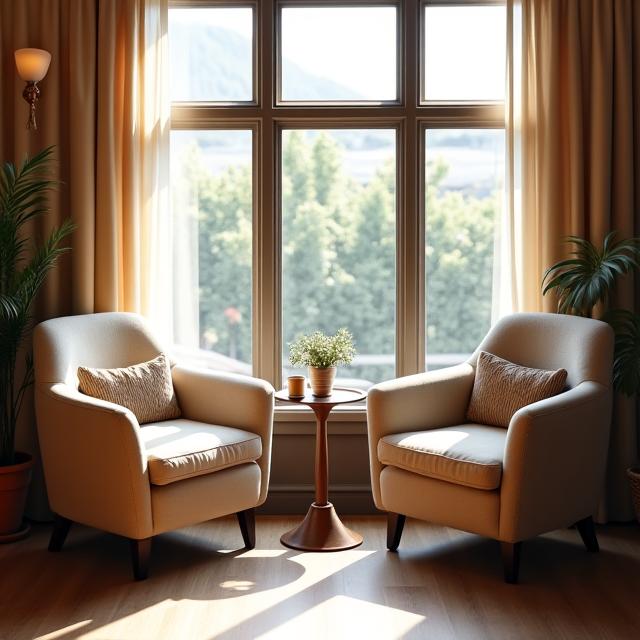 Eine gemütliche Sitzecke mit weichen Sesseln direkt am grossen Schaufenster.