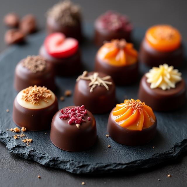 Auswahl an kunstvoll verzierten, handgemachten Schokoladenpralinen auf einem Schieferteller.