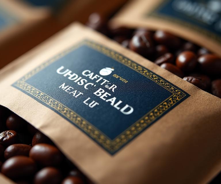 Nahaufnahme der Marken-Kaffeeverpackungen, die im Café zum Verkauf stehen.